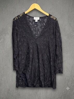 J Valdi Daisy Black Lace Swim Cover Up Tunic V Neck Top Medium Boho Resort Wear